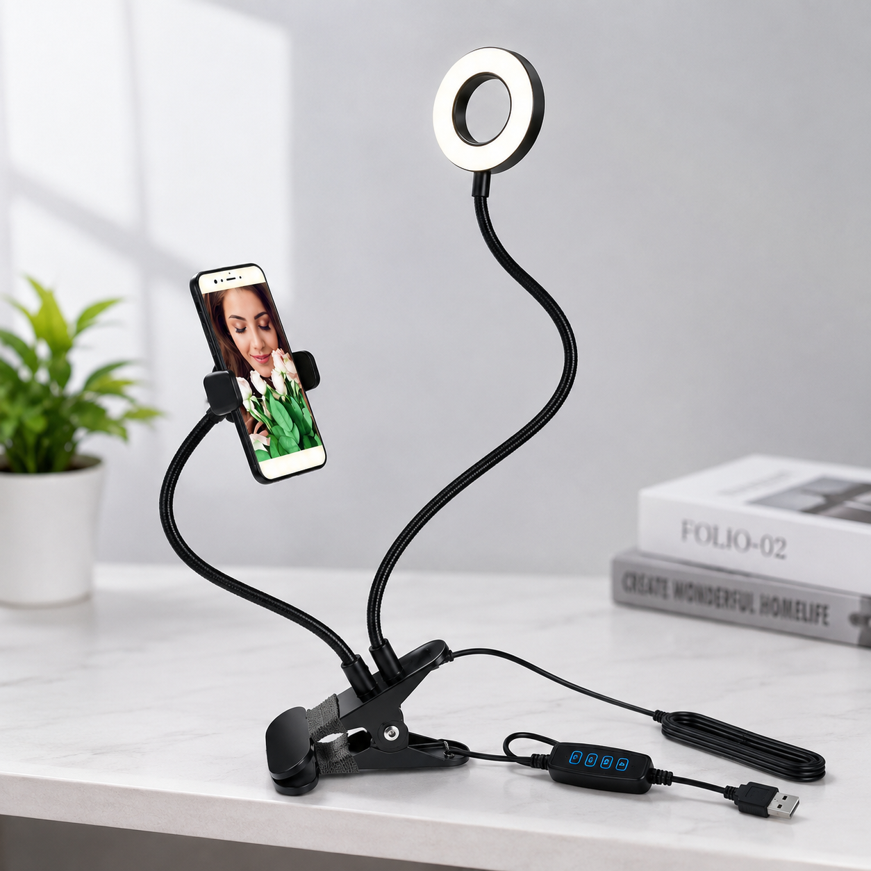upgraded 2 in 1 Led Selfie Ring Light with Phone Holder Desk Lamp Lazy Bracket Tabletop Stand Flexible