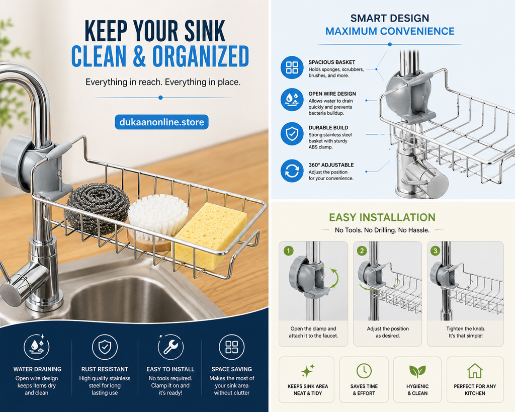 Premium Stainless Steel Sink Organizer for Kitchen and Bathroom Storage