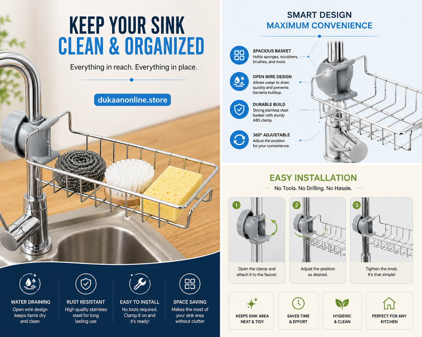 Premium Stainless Steel Sink Organizer for Kitchen and Bathroom Storage